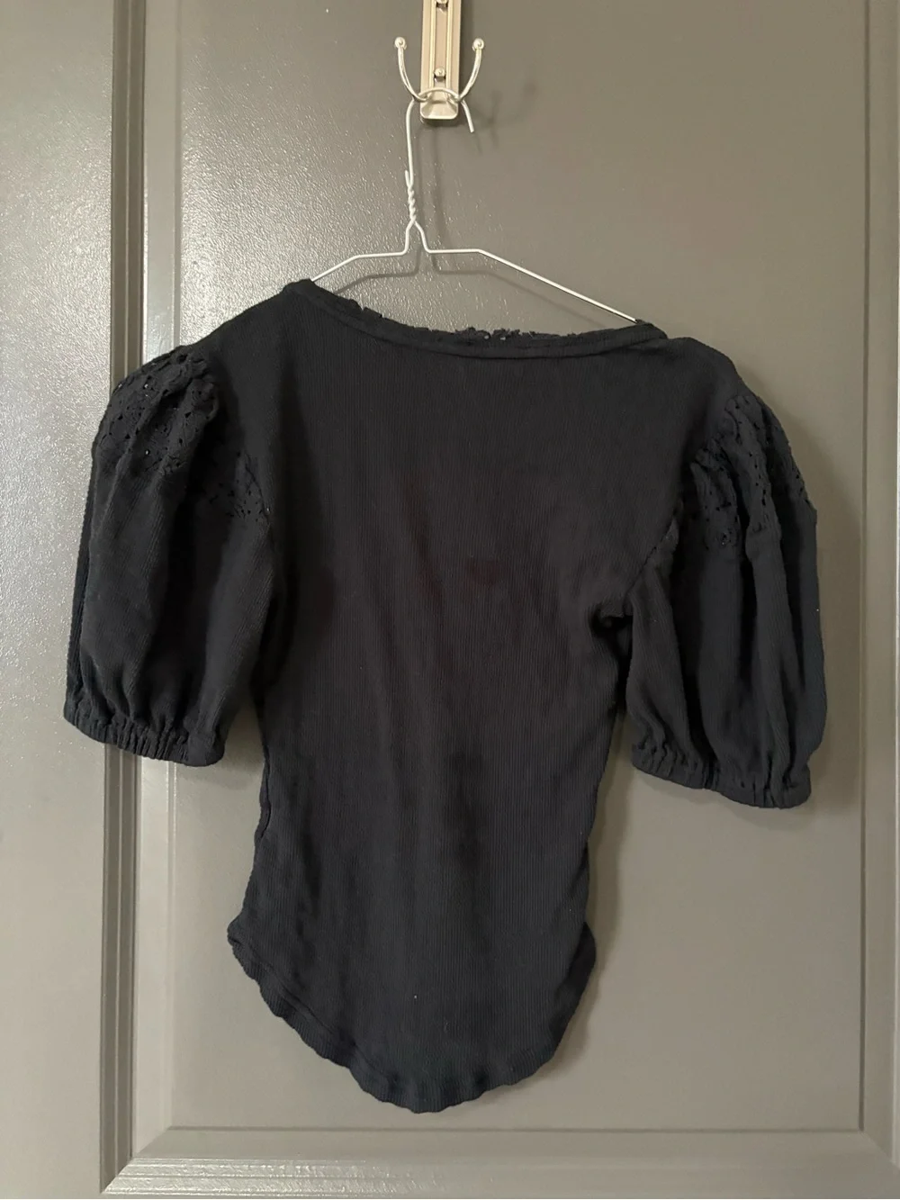 Free People Black Puff Sleeve V-Neck Top with Eyelet Shoulders